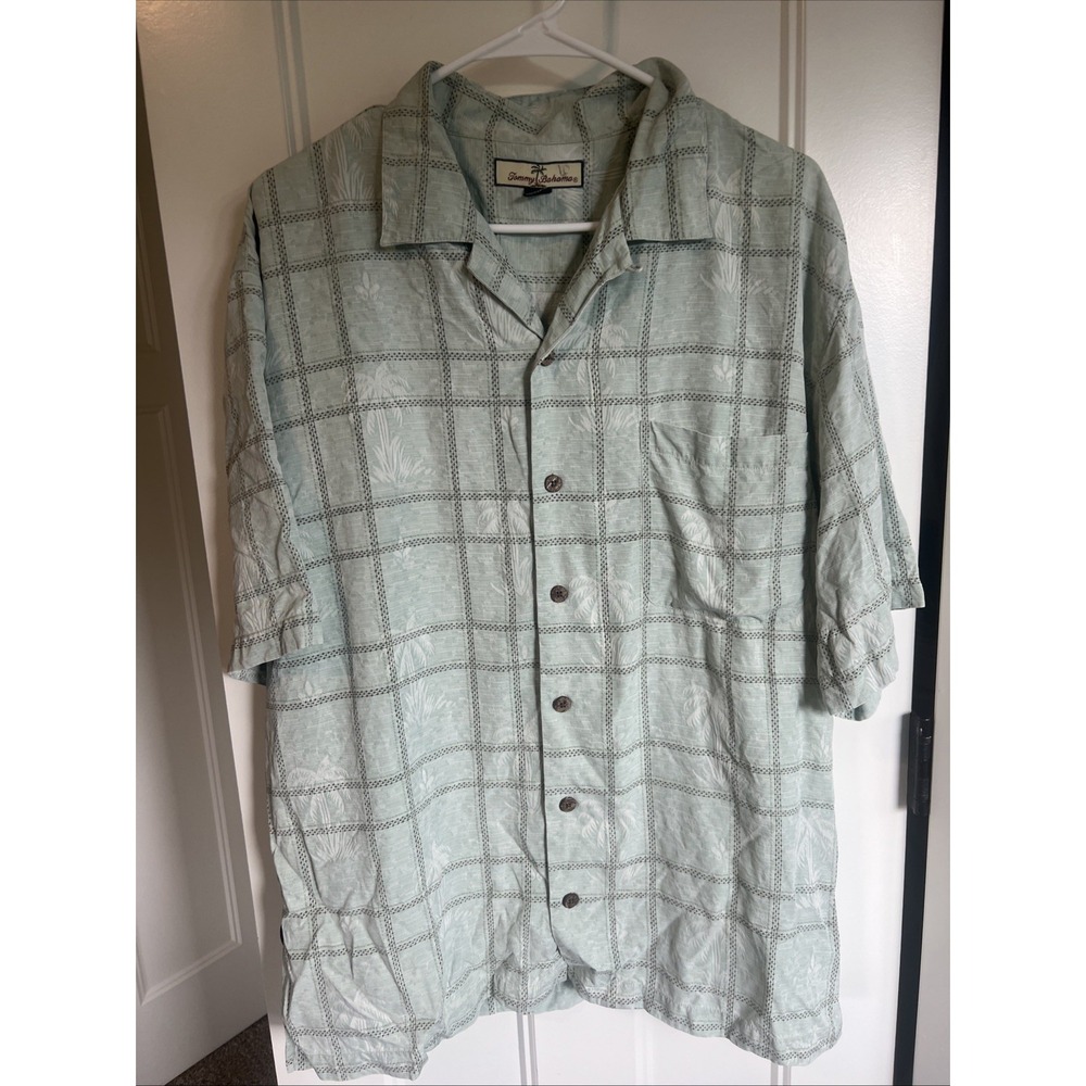 Vintage Y2K Tommy Bahama 100% Silk Shirt Large Green Jacquard Camp Button Up